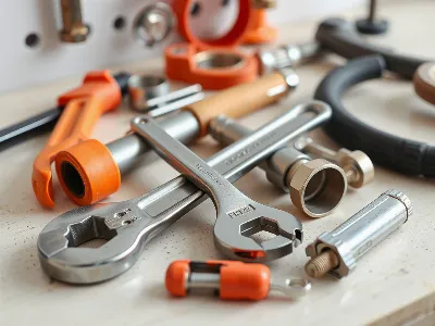 Plumber's tool kit with wrench and pipes, ready for action.