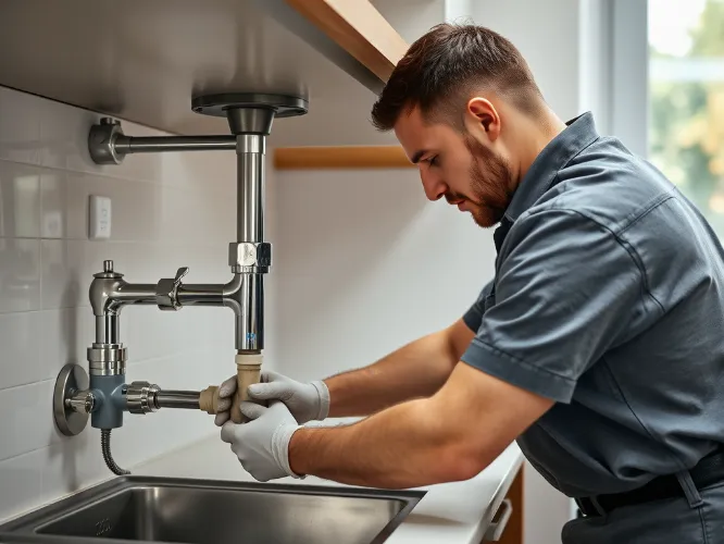 Professional plumber fixing a pipe in a modern home